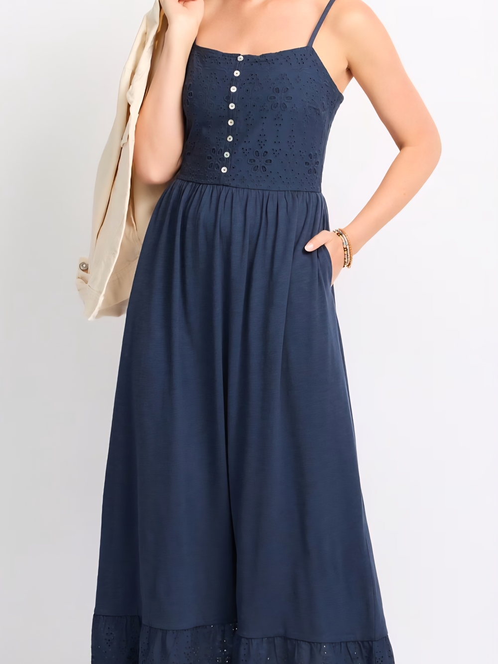 Market & Spruce Navy Eyelet Maxi Dress Women's Sleeveless Spaghetti Strap NWT - Picture 2 of 4